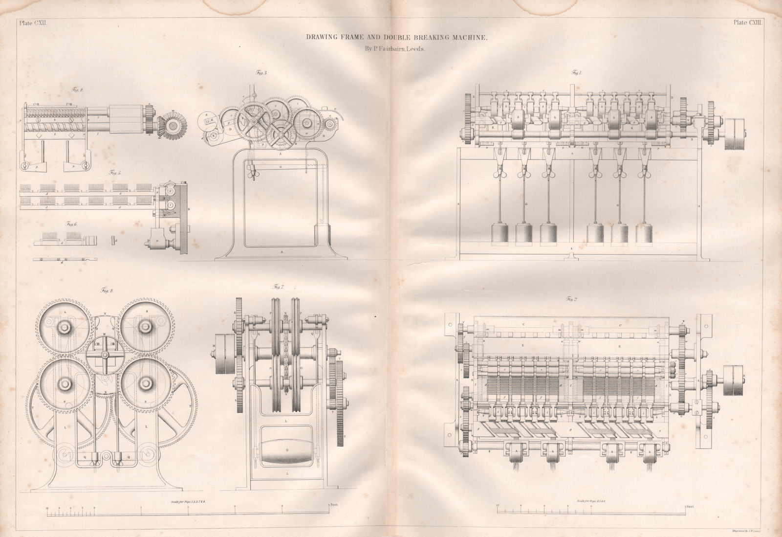 19C ENGINEERING DRAWING. Drawing frame & double breaking machine. Fairbairn 1847